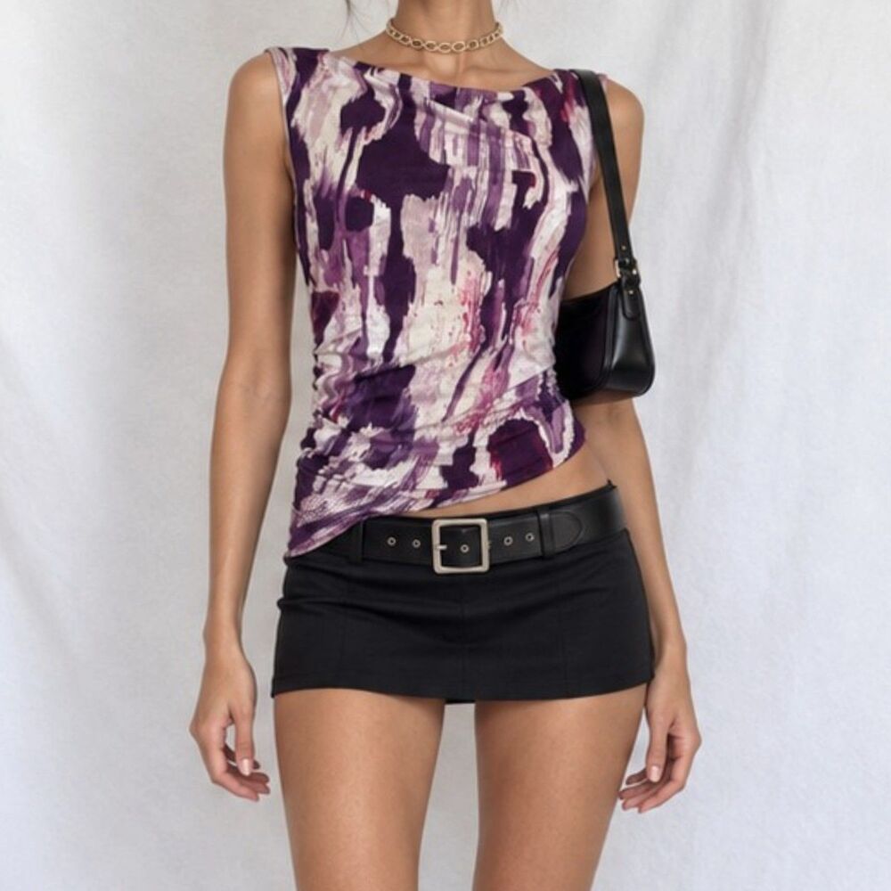 Vintage Y2K Ann Taylor Purple Printed Knit Sleeveless Fitted Casual Tank Top S/M